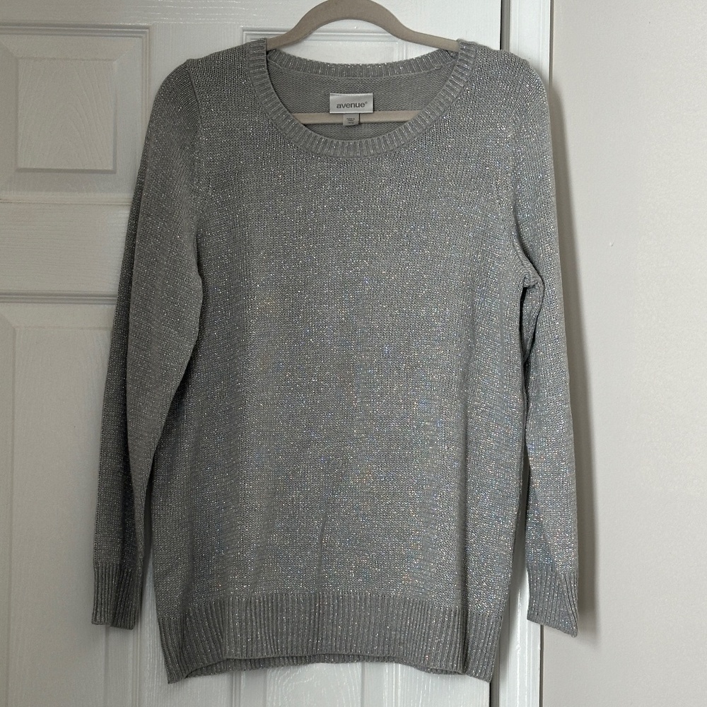 Avenue Metallic Silver Crewneck Knit Sweater Size 14/16 Plus Holiday Casual
